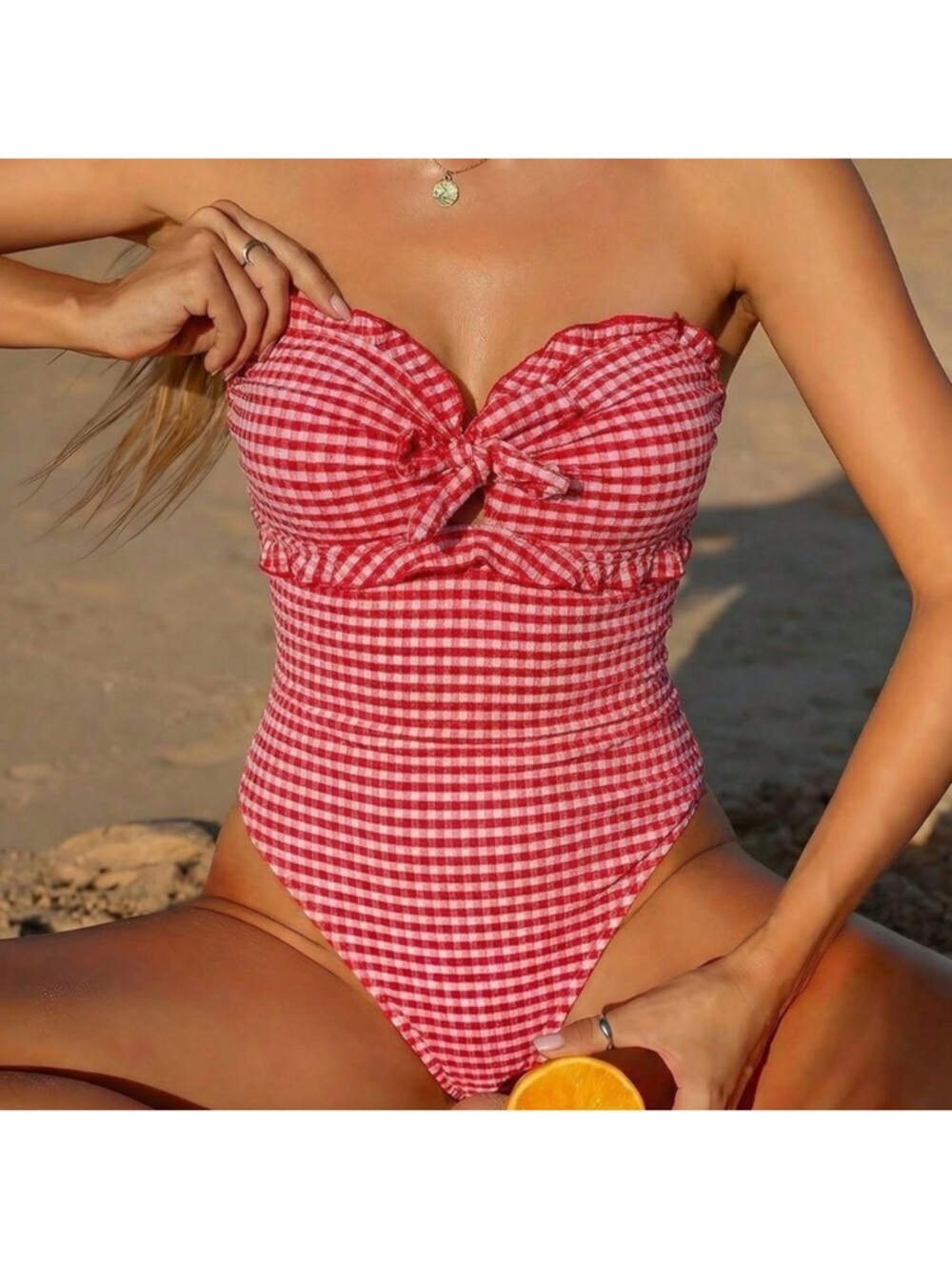 Red Cute Women's Plaid Flounce One-Piece Suit
